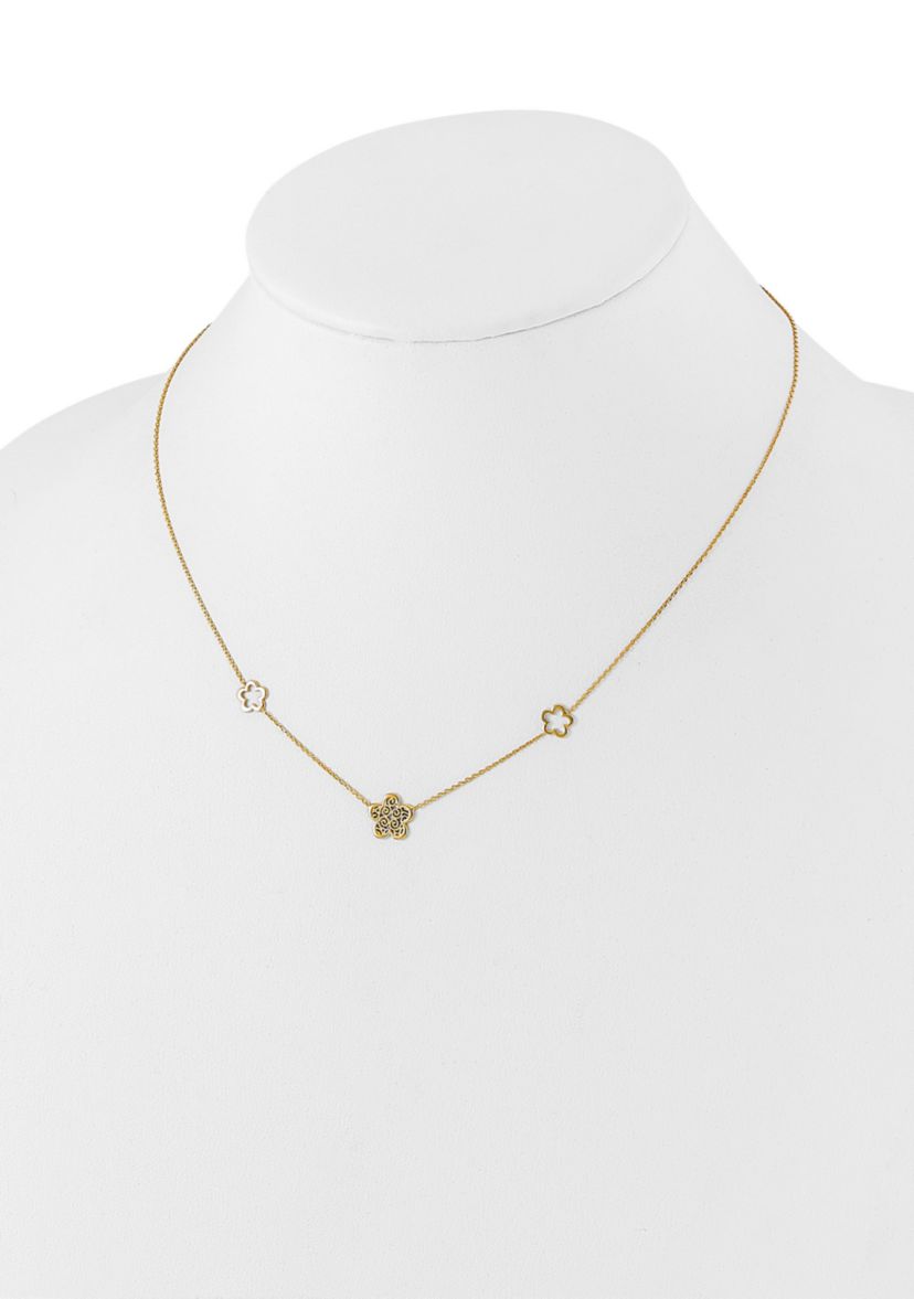 14K Yellow Gold Polished and Filigree Flower Stations with 1 Inch Extension Necklace