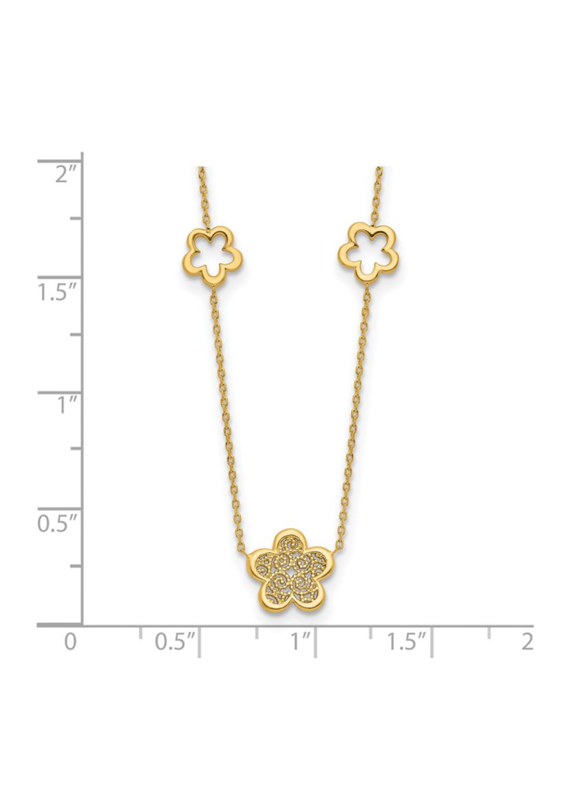 14K Yellow Gold Polished and Filigree Flower Stations with 1 Inch Extension Necklace