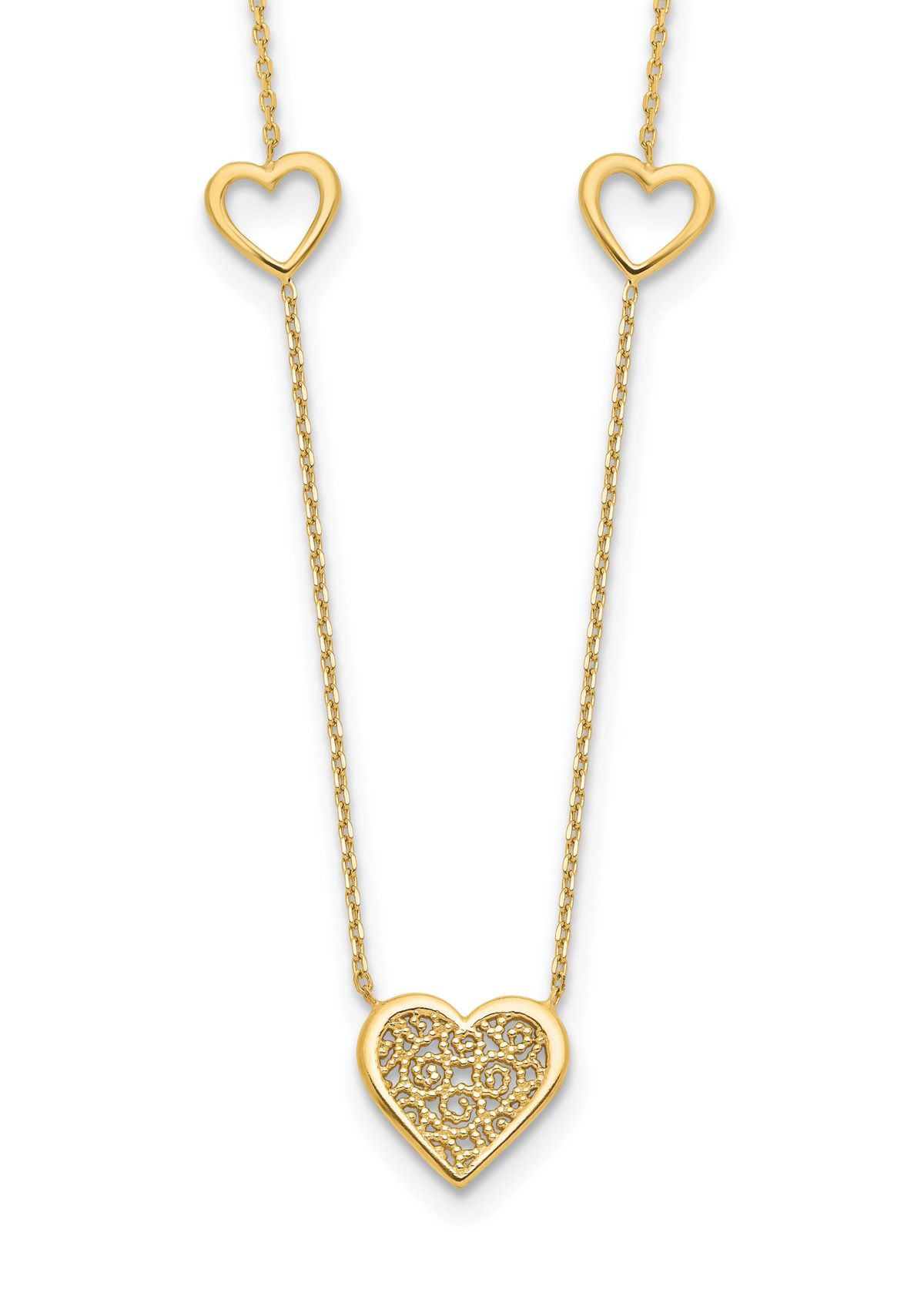 14K Yellow Gold Polished and Filigree Heart Stations with 1 Inch Extension Necklace
