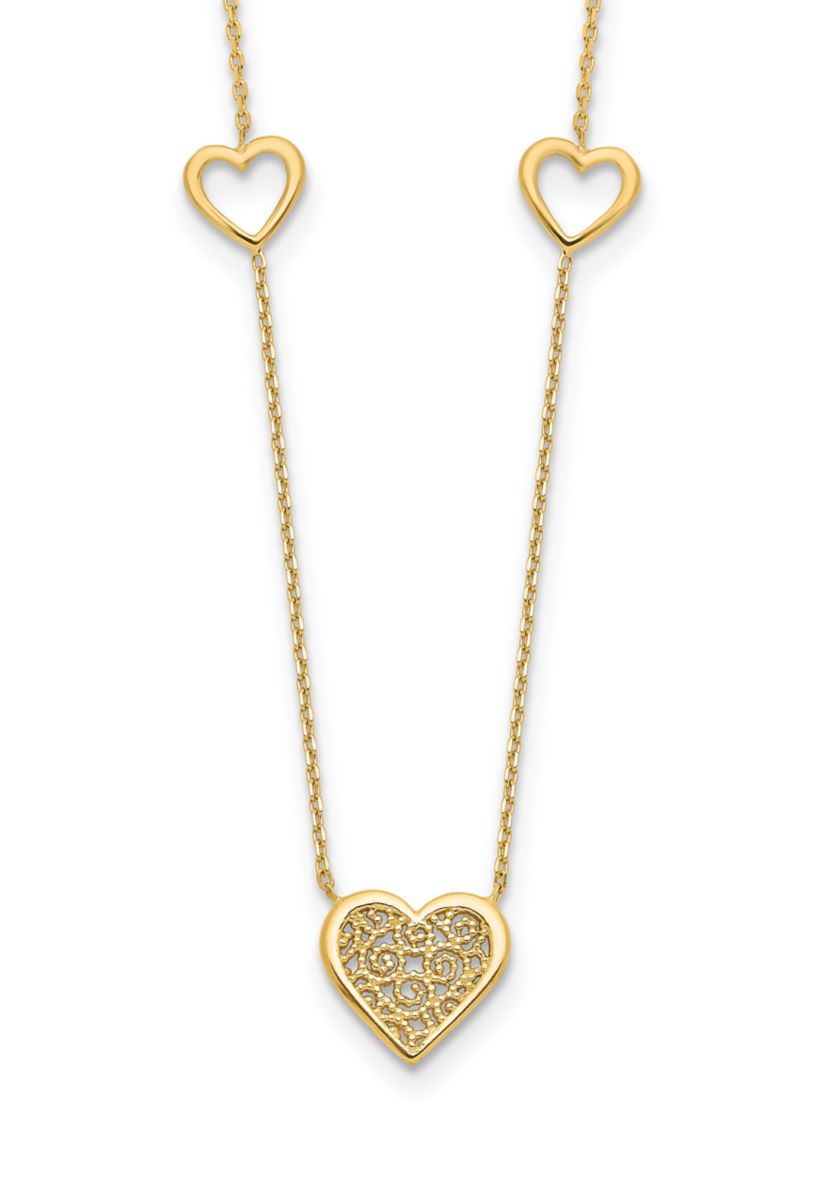 14K Yellow Gold Polished and Filigree Heart Stations with 1 Inch Extension Necklace