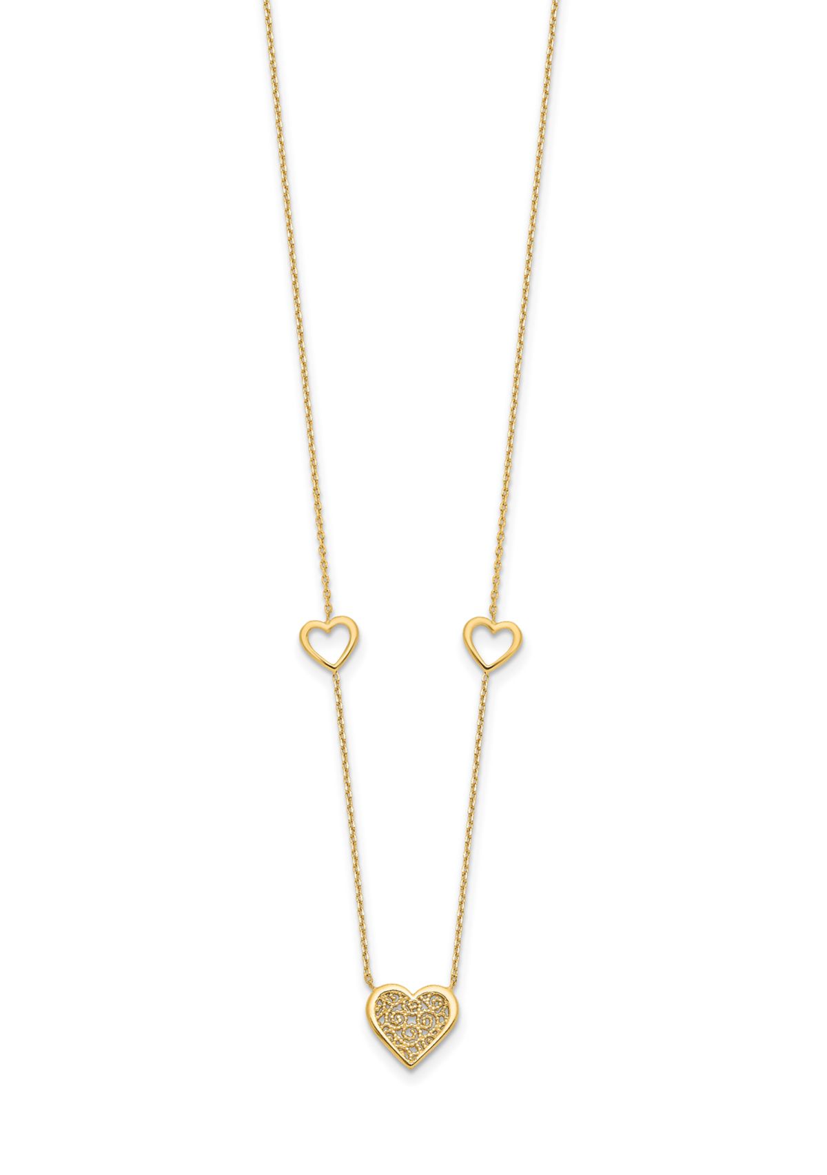 14K Yellow Gold Polished and Filigree Heart Stations with 1 Inch Extension Necklace