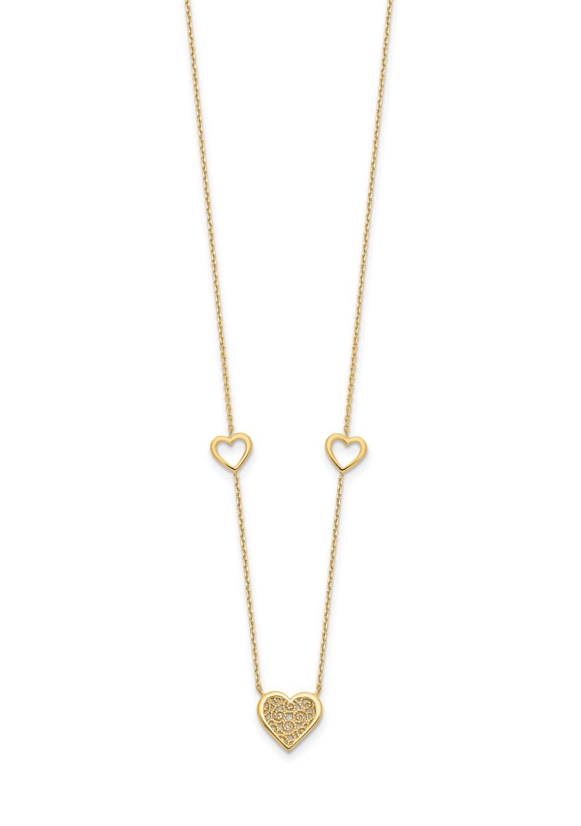 14K Yellow Gold Polished and Filigree Heart Stations with 1 Inch Extension Necklace