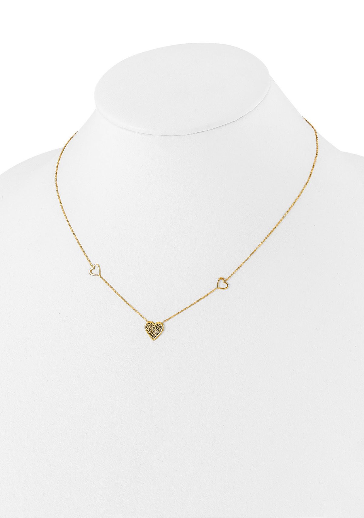 14K Yellow Gold Polished and Filigree Heart Stations with 1 Inch Extension Necklace