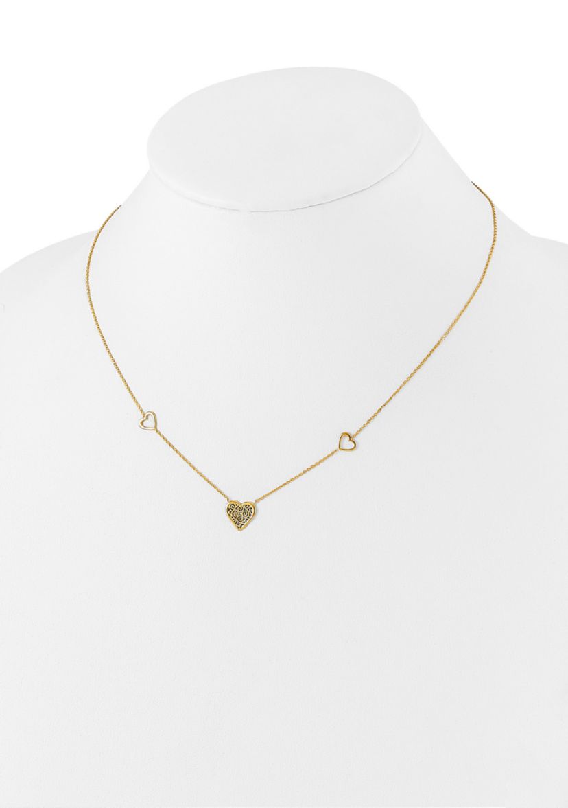 14K Yellow Gold Polished and Filigree Heart Stations with 1 Inch Extension Necklace