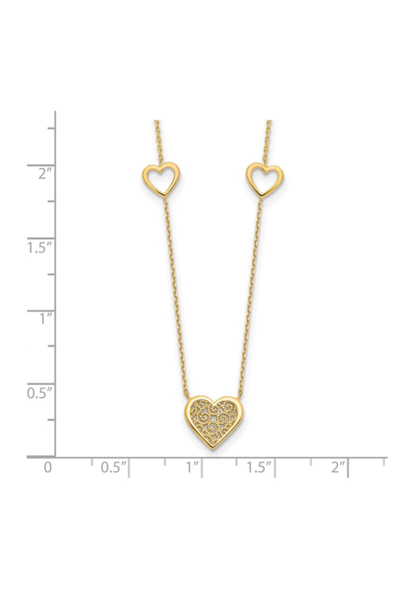 14K Yellow Gold Polished and Filigree Heart Stations with 1 Inch Extension Necklace
