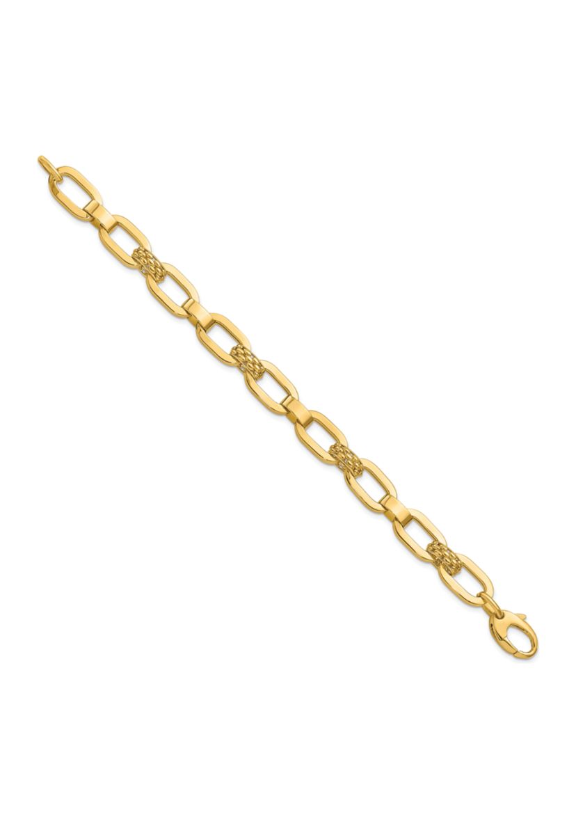 14K Yellow Gold Polished and Textured Fancy Link Bracelet