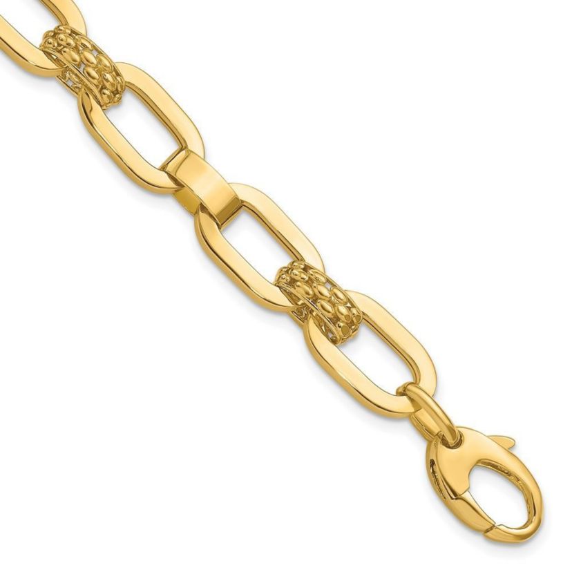 14K Yellow Gold Polished and Textured Fancy Link Bracelet