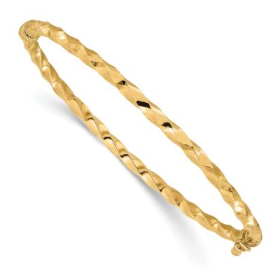 14K Yellow Gold Polished and Diamond-cut Twisted Hinged Bangle