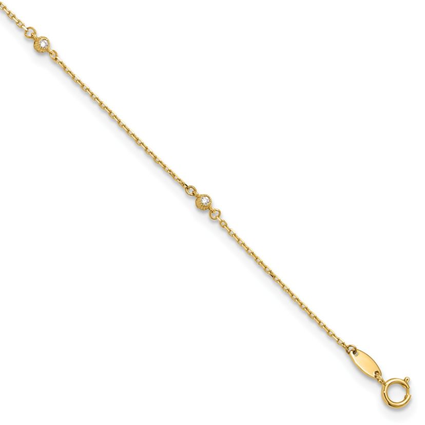 14K Yellow Gold Polished Cubic Zirconia Station 9-inch Plus 1-inch Extension Anklet