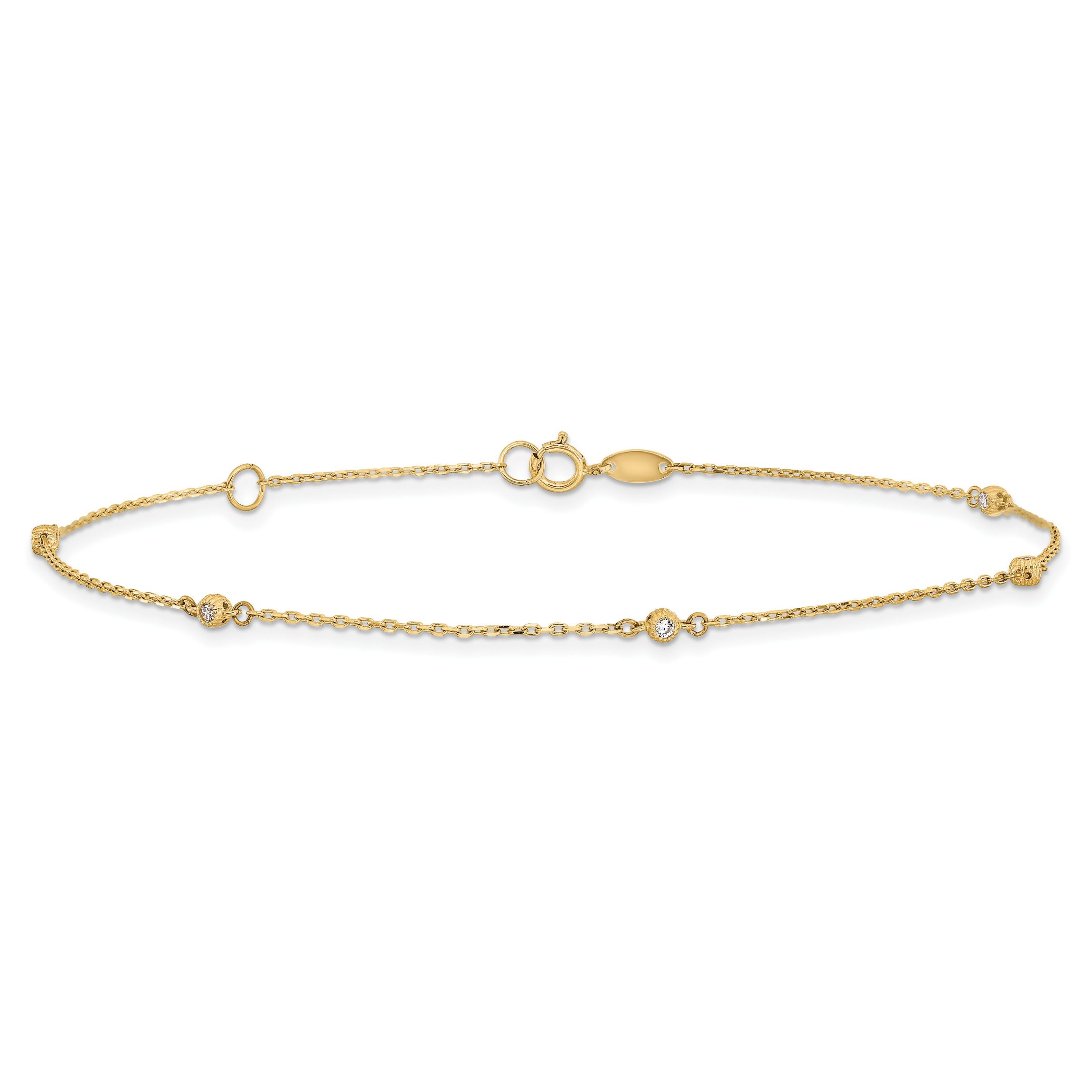 14K Yellow Gold Polished Cubic Zirconia Station 9-inch Plus 1-inch Extension Anklet