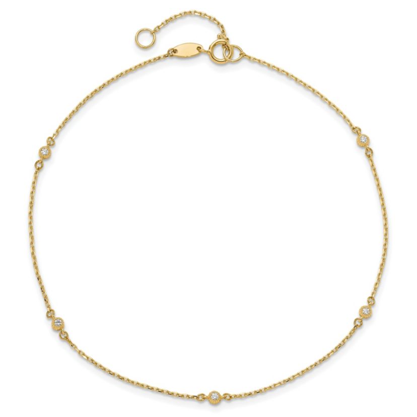 14K Yellow Gold Polished Cubic Zirconia Station 9-inch Plus 1-inch Extension Anklet