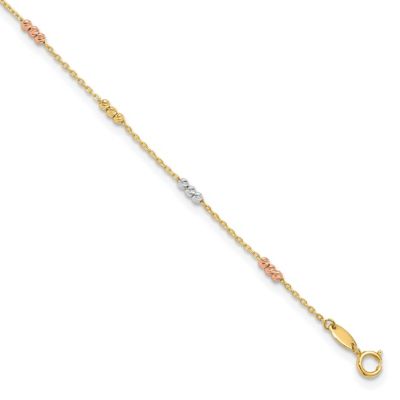 Belk & Co 14K Yellow, White and Rose Gold Polished with Diamond-cut Beads 9-inch Plus 1-inch Extension Anklet