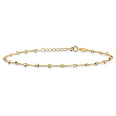 14K Yellow Gold Polished and Diamond-cut Beads 9-inch Plus 1-inch Extension Anklet