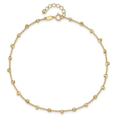 14K Yellow Gold Polished and Diamond-cut Beads 9-inch Plus 1-inch Extension Anklet