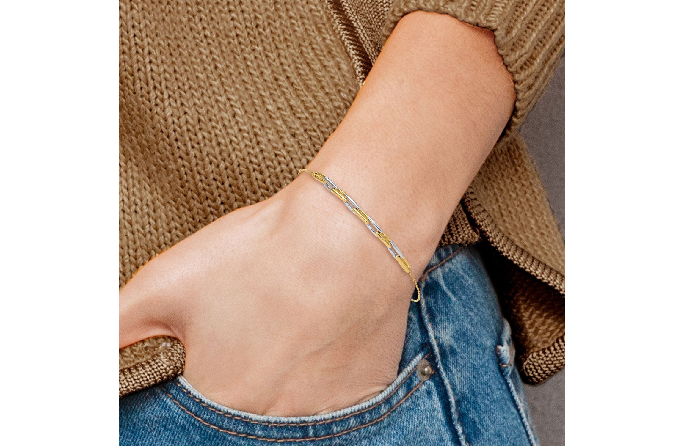 14K Yellow and White Gold Polished Fancy Link Adjustable Bracelet