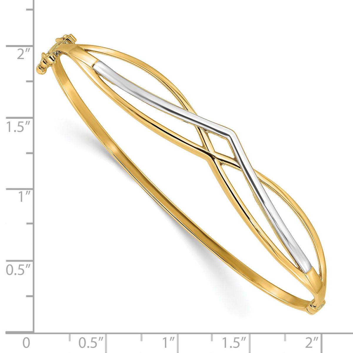 14K Yellow Gold with White Rhodium Polished Fancy Hinged Bangle