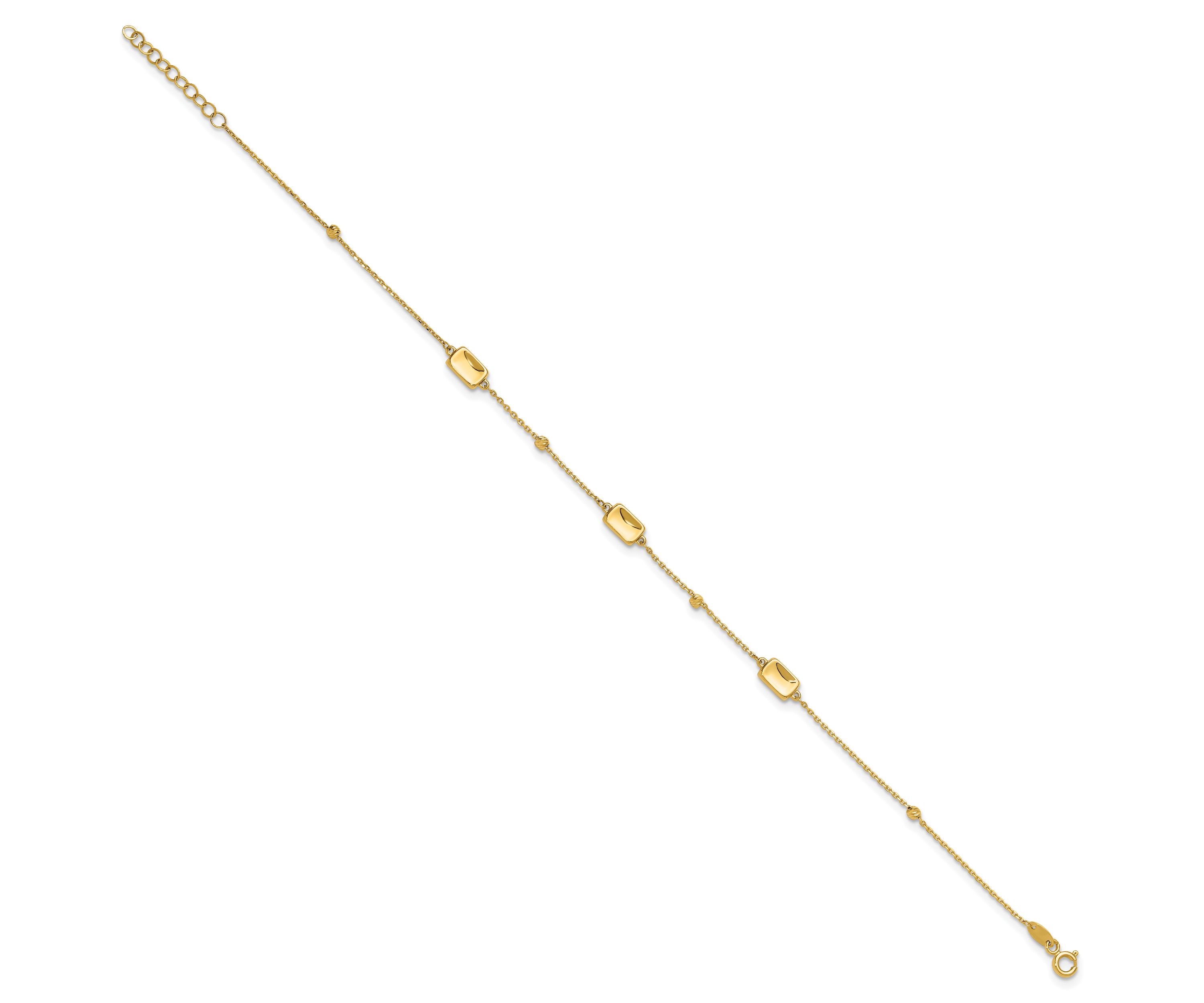 14K Yellow Gold Polished and Diamond-cut Station Plus 1-inch Extension Anklet