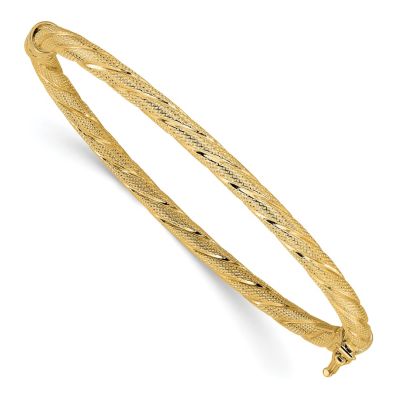 14K Yellow Gold Polished and Textured Twisted Hinged Bangle