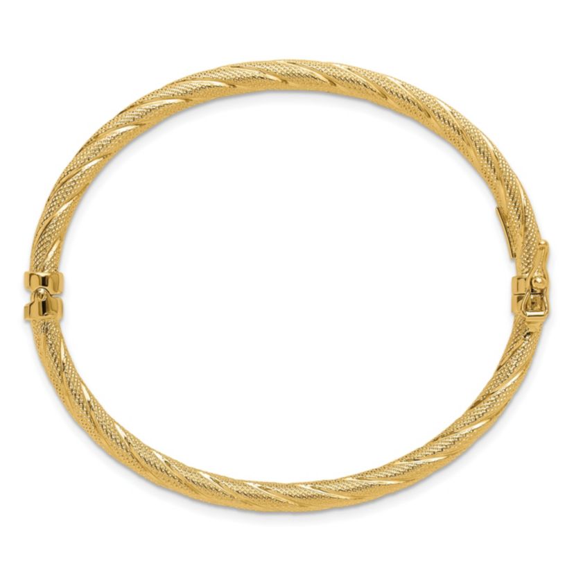 14K Yellow Gold Polished and Textured Twisted Hinged Bangle