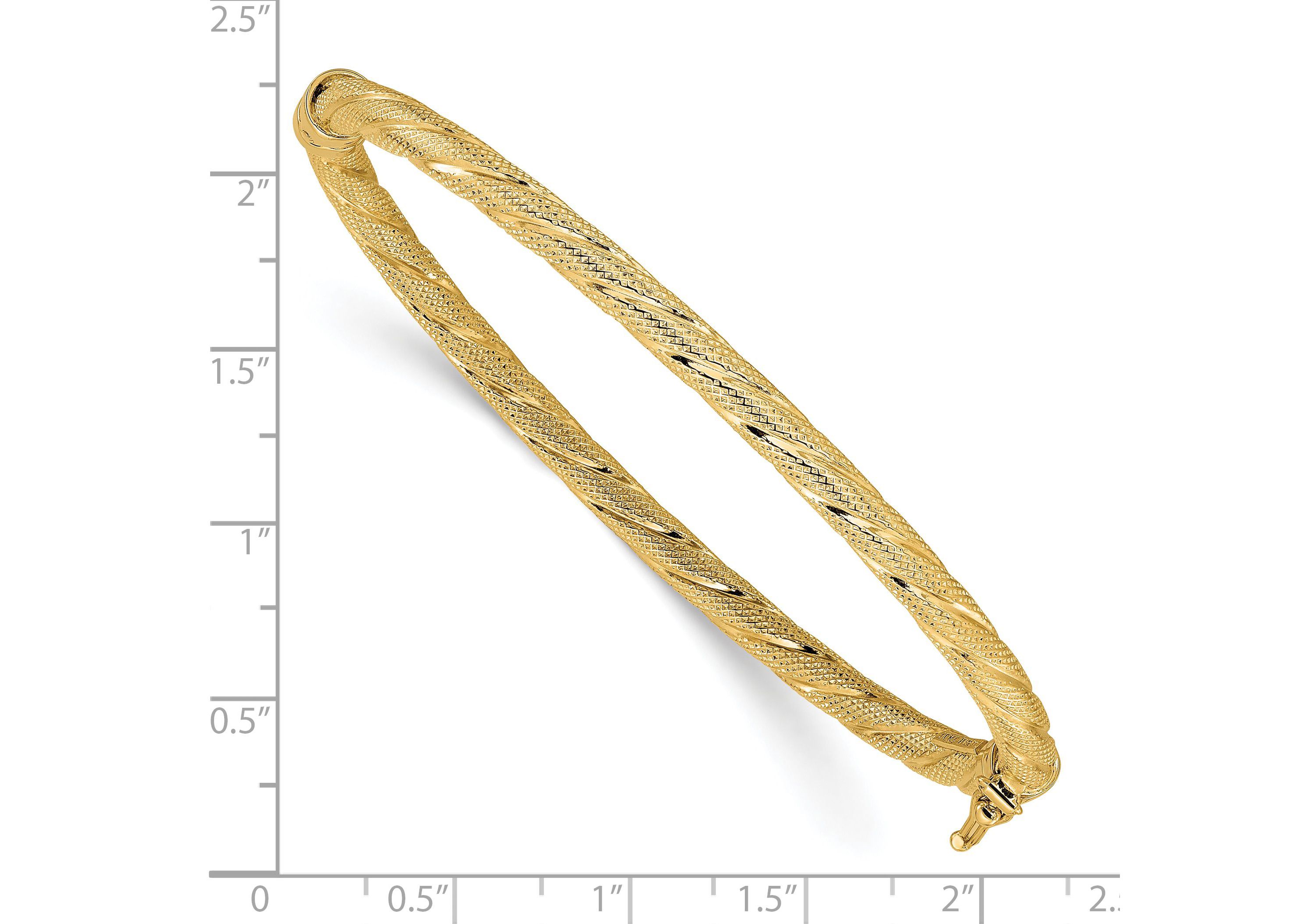 14K Yellow Gold Polished and Textured Twisted Hinged Bangle