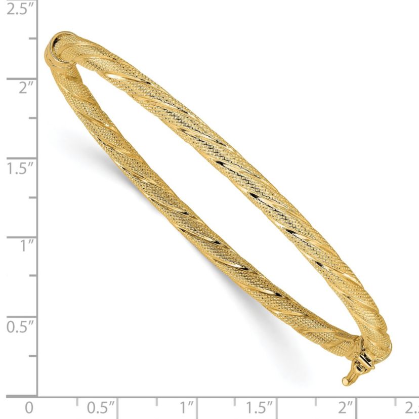 14K Yellow Gold Polished and Textured Twisted Hinged Bangle