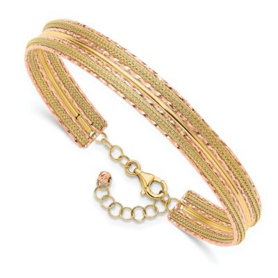 14K Yellow and Rose Gold Diamond-cut and Textured with Safety Chain Bangle