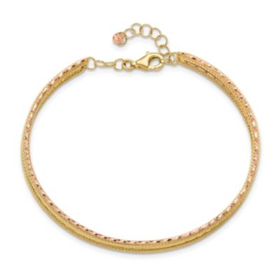 14K Yellow and Rose Gold Diamond-cut and Textured with Safety Chain Bangle