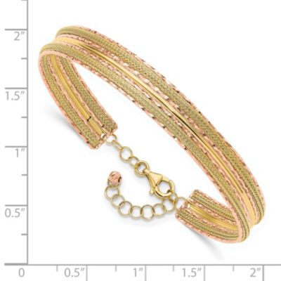 14K Yellow and Rose Gold Diamond-cut and Textured with Safety Chain Bangle