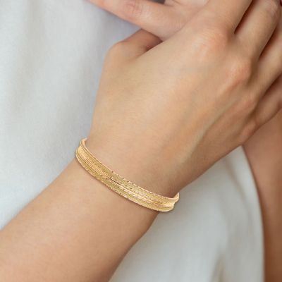 14K Yellow and Rose Gold Diamond-cut and Textured with Safety Chain Bangle