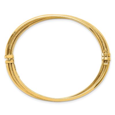 14K Yellow Gold Polished and Textured Hinged Bangle