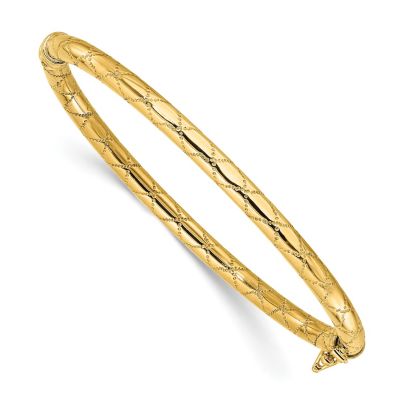 14K Yellow Gold Polished and Textured Hinged Bangle