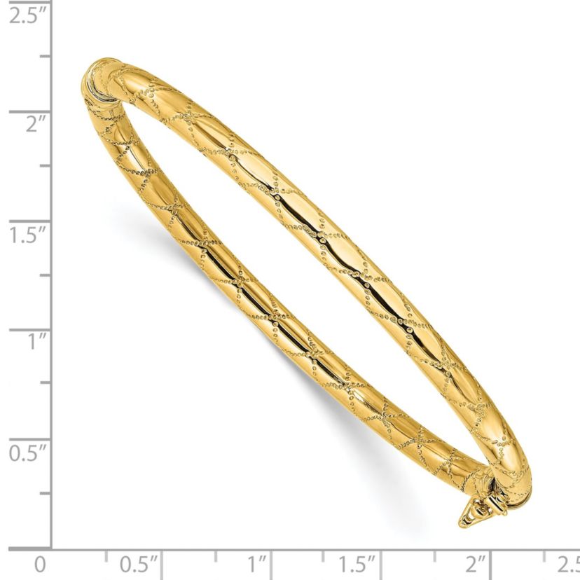 14K Yellow Gold Polished and Textured Hinged Bangle