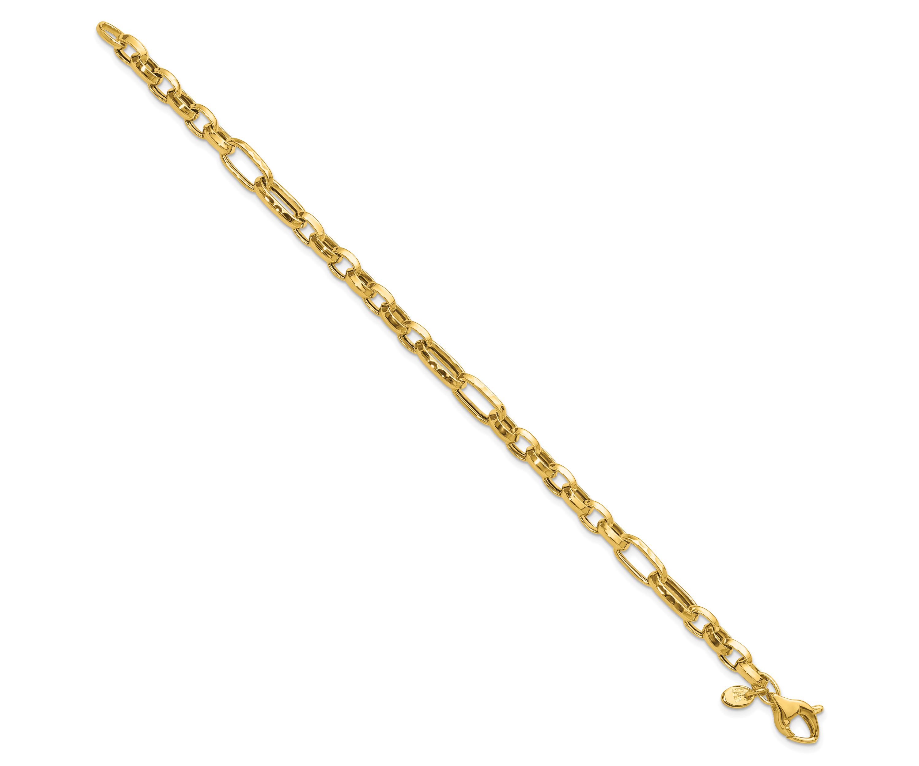 14K Yellow Gold Polished and Hammered Fancy Link Bracelet