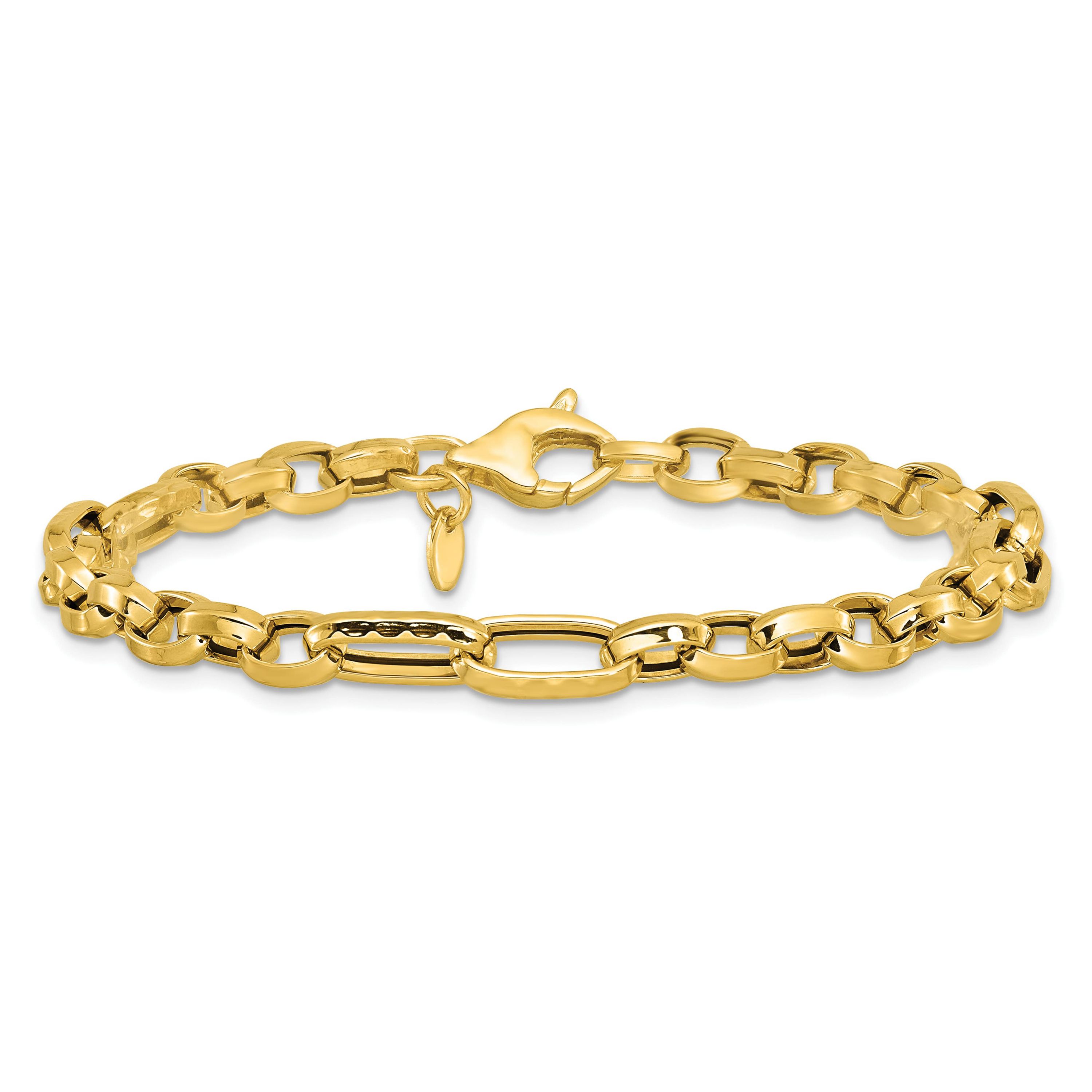 14K Yellow Gold Polished and Hammered Fancy Link Bracelet