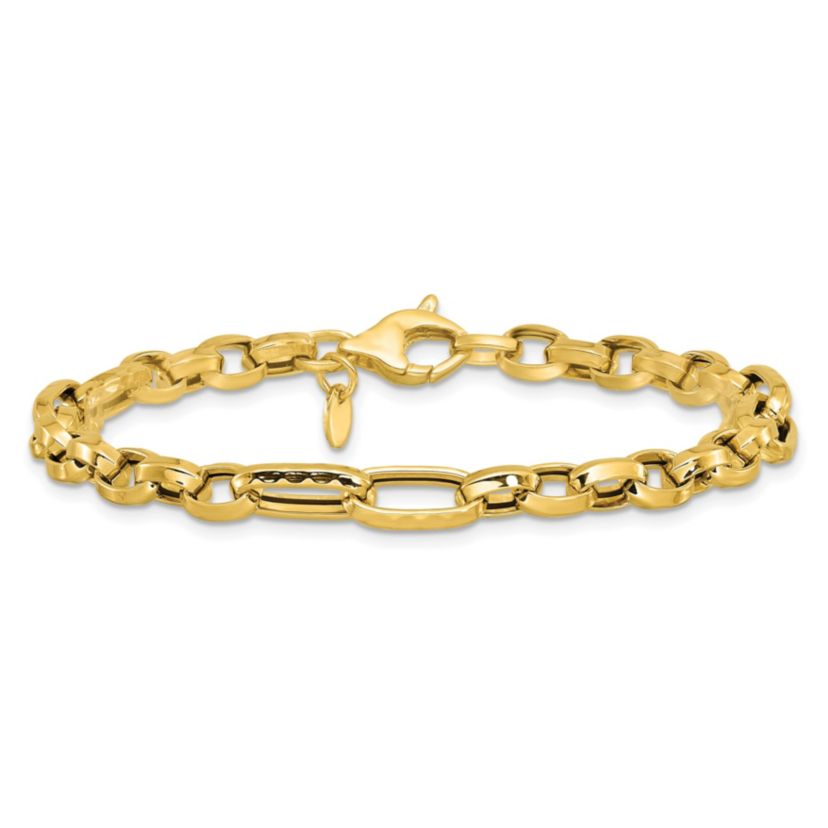 14K Yellow Gold Polished and Hammered Fancy Link Bracelet