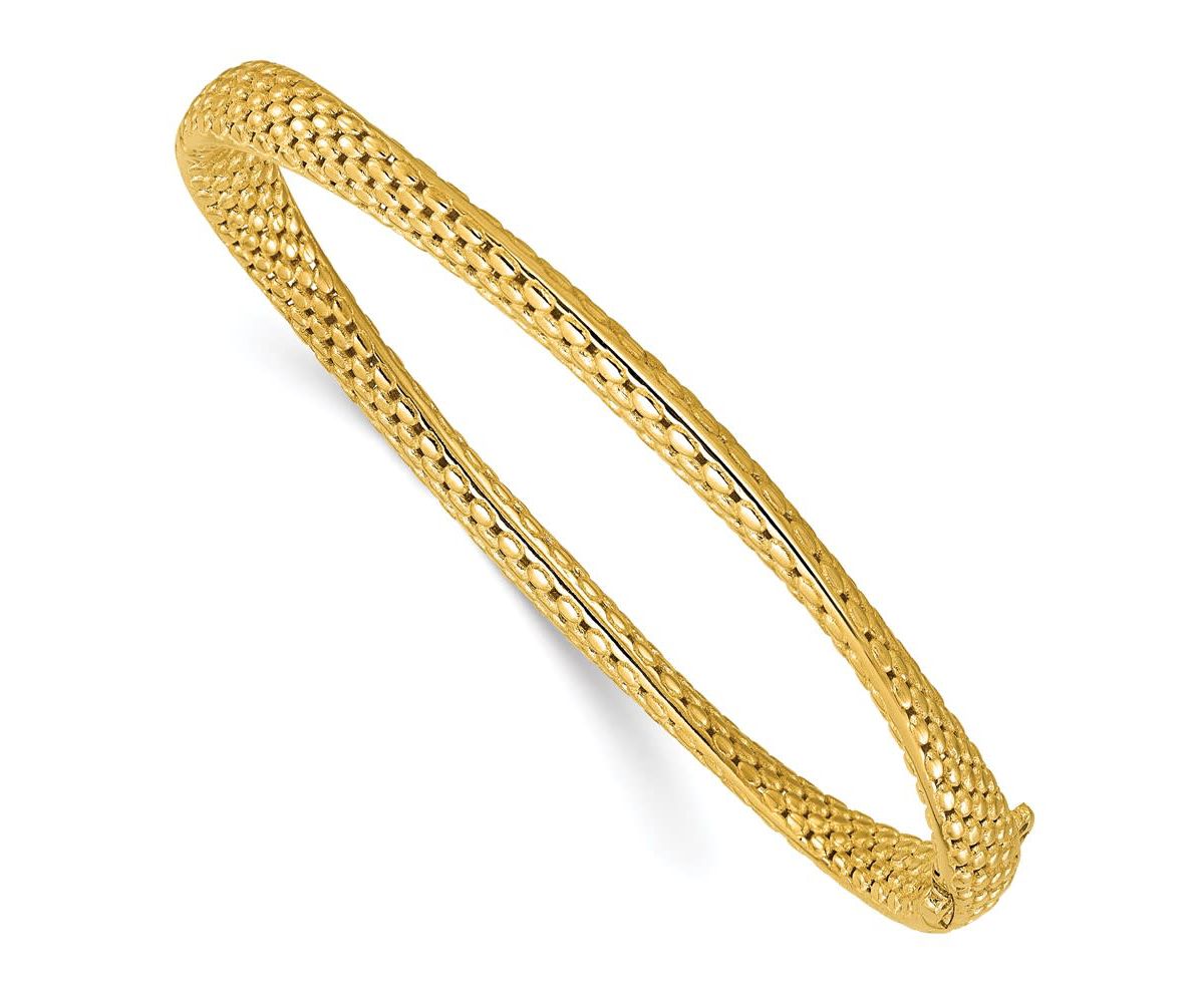 14K Yellow Gold Polished and Textured Fancy Twist Hinged Bangle