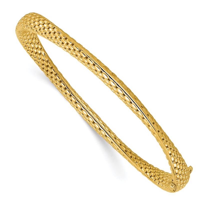 14K Yellow Gold Polished and Textured Fancy Twist Hinged Bangle