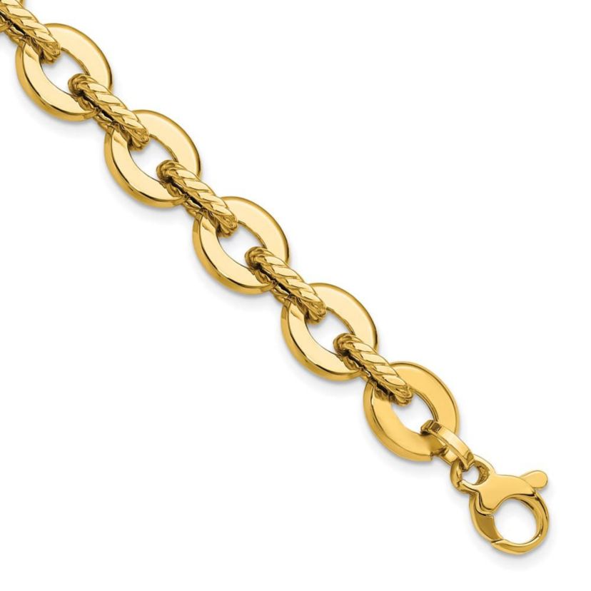 14K Yellow Gold Polished and Grooved Fancy Link Bracelet