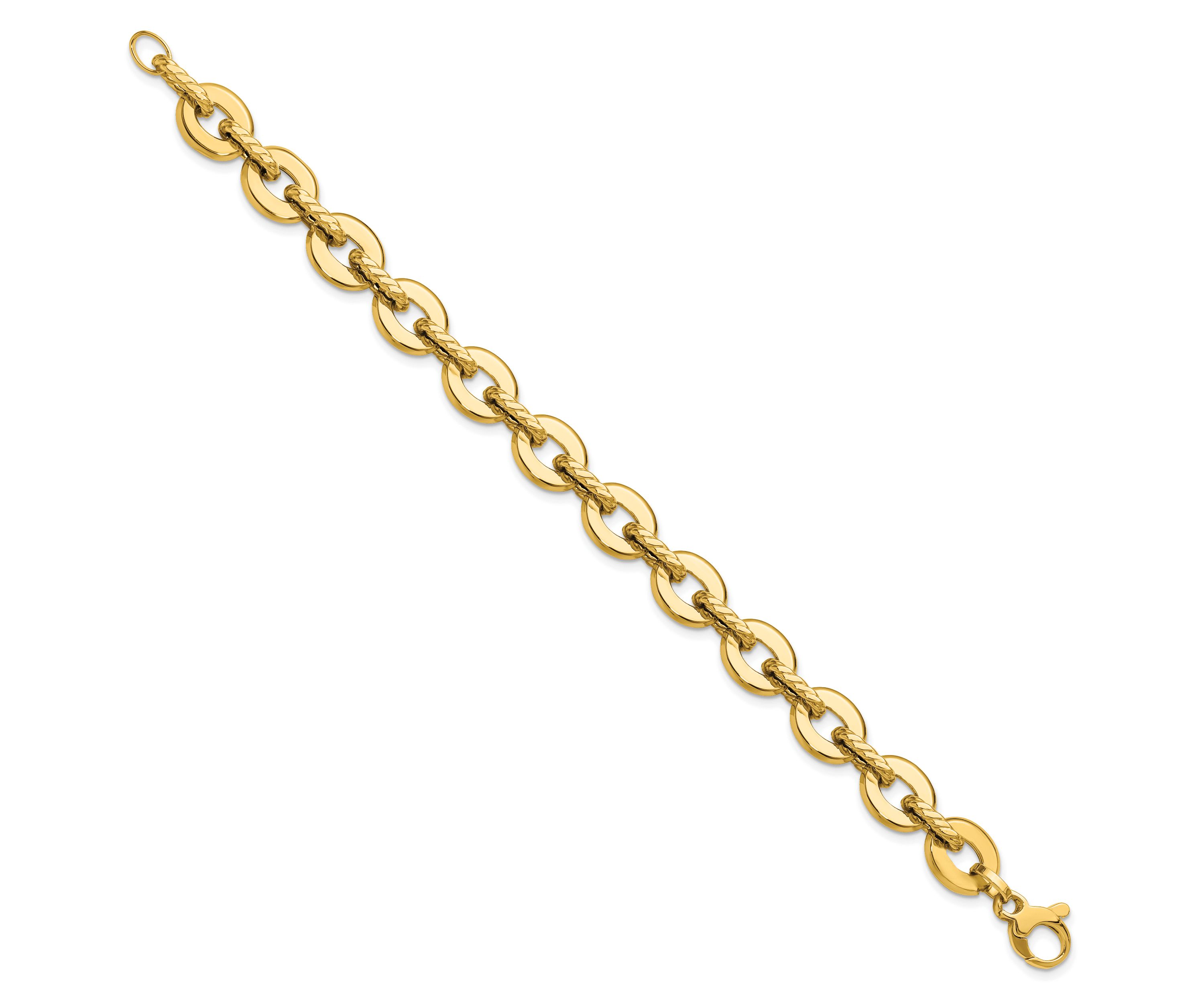 14K Yellow Gold Polished and Grooved Fancy Link Bracelet