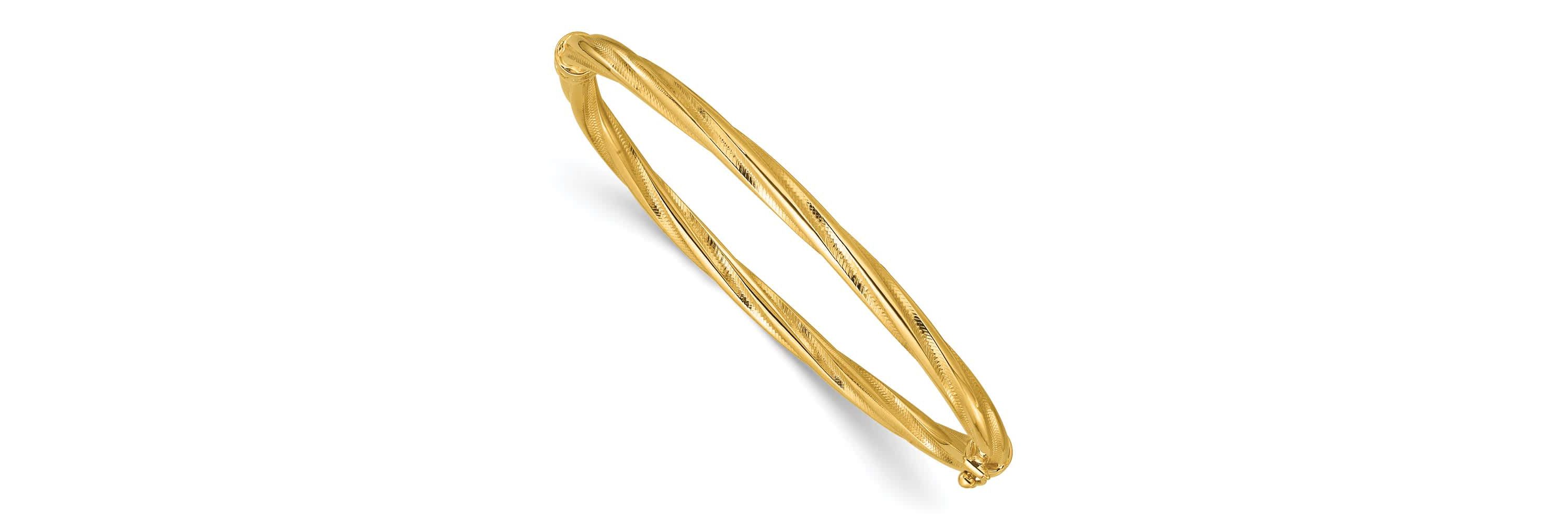 14K Yellow Gold Polished and Textured Twist Hinged Bangle