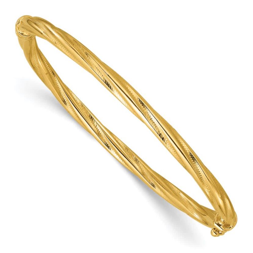 14K Yellow Gold Polished and Textured Twist Hinged Bangle