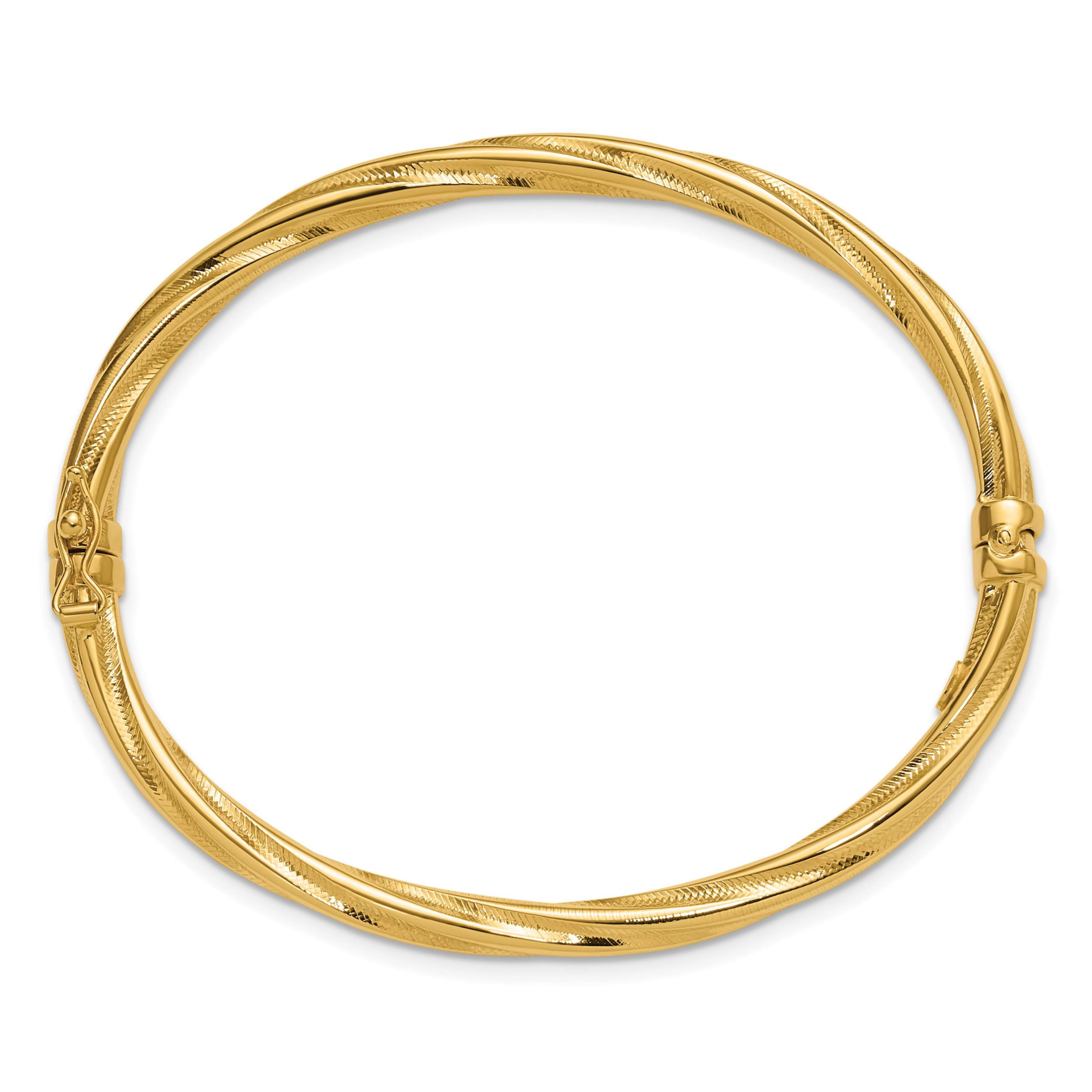 14K Yellow Gold Polished and Textured Twist Hinged Bangle