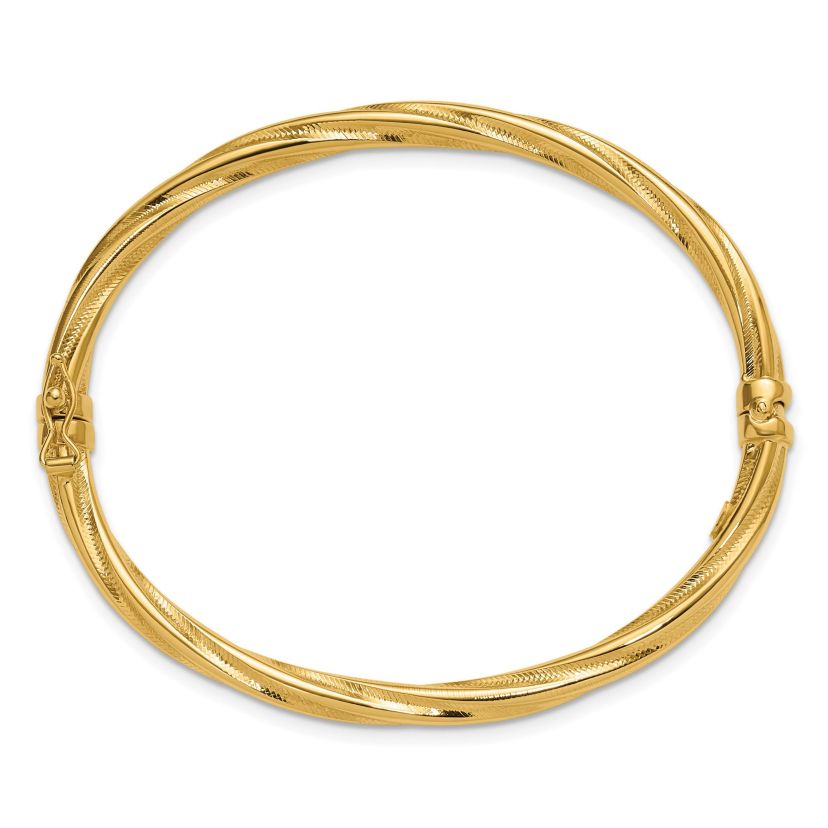 14K Yellow Gold Polished and Textured Twist Hinged Bangle