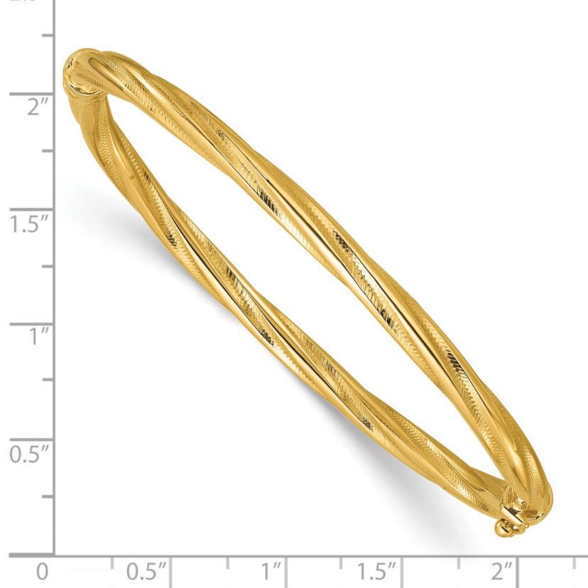 14K Yellow Gold Polished and Textured Twist Hinged Bangle