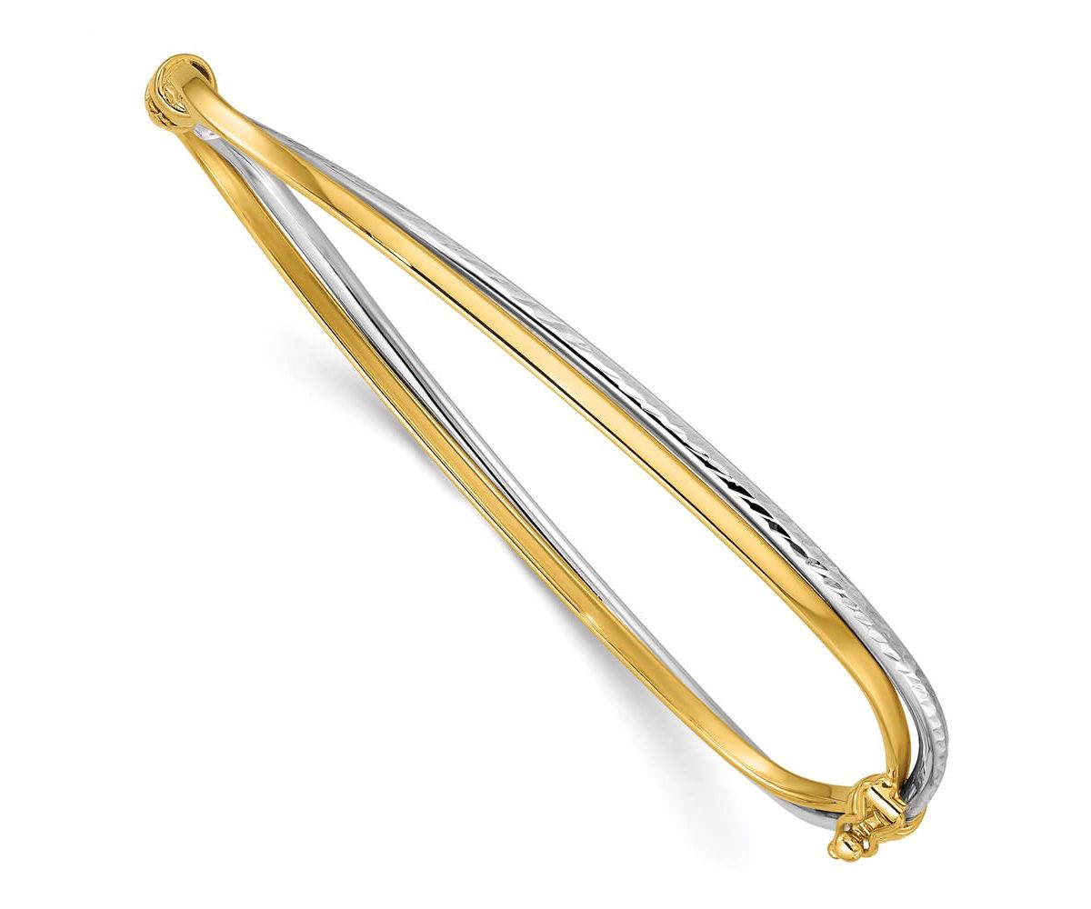 14K Two-tone Polished and Diamond-cut Twist Hinged Bangle