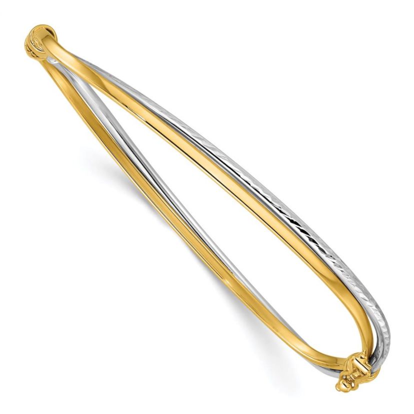 14K Two-tone Polished and Diamond-cut Twist Hinged Bangle