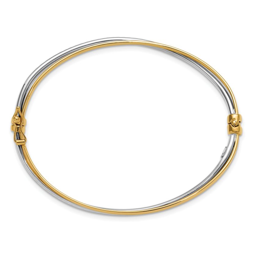 14K Two-tone Polished and Diamond-cut Twist Hinged Bangle
