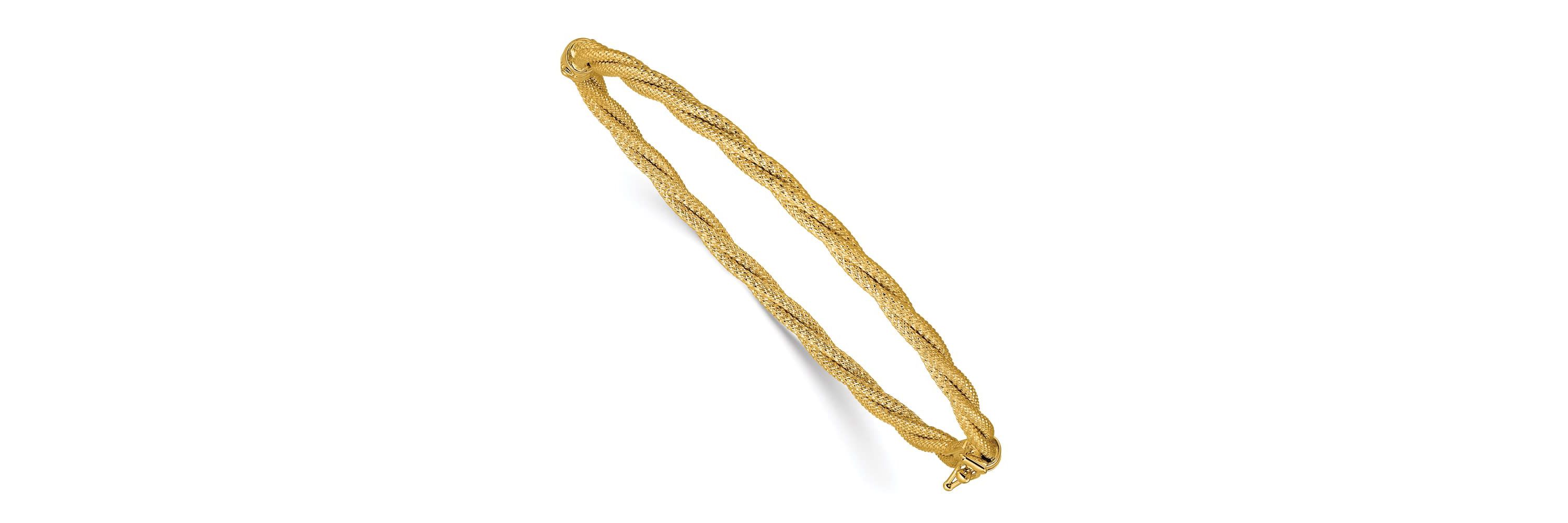 14K Yellow Gold Polished and Textured Twisted Hinged Bangle