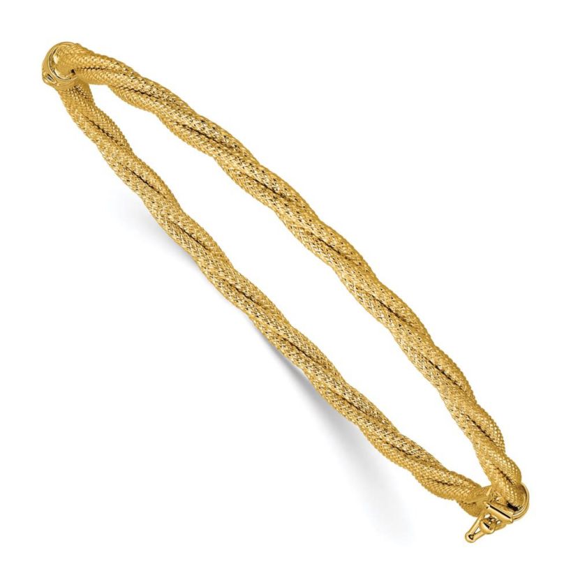 14K Yellow Gold Polished and Textured Twisted Hinged Bangle