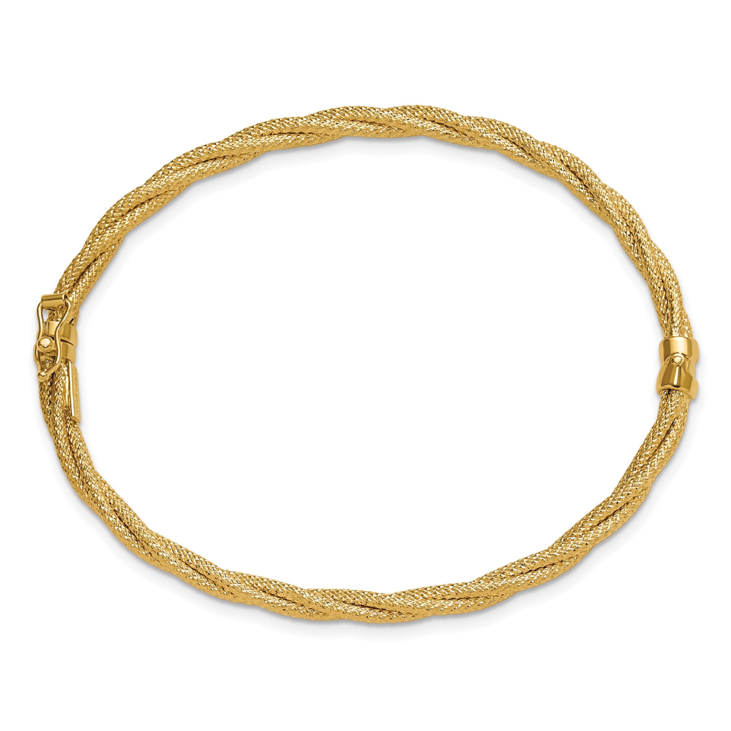 14K Yellow Gold Polished and Textured Twisted Hinged Bangle